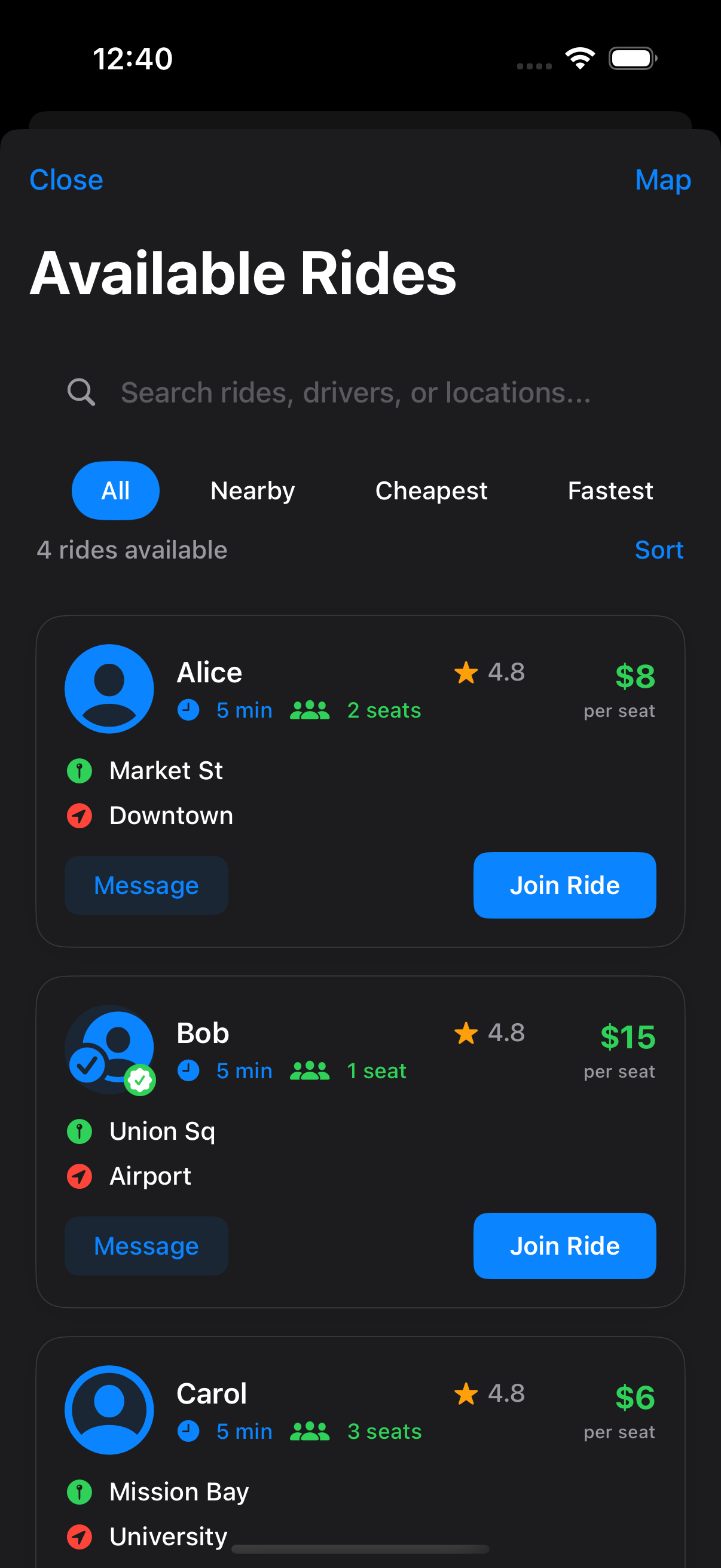 RideShare screenshot: AvailableRidesPage.png
