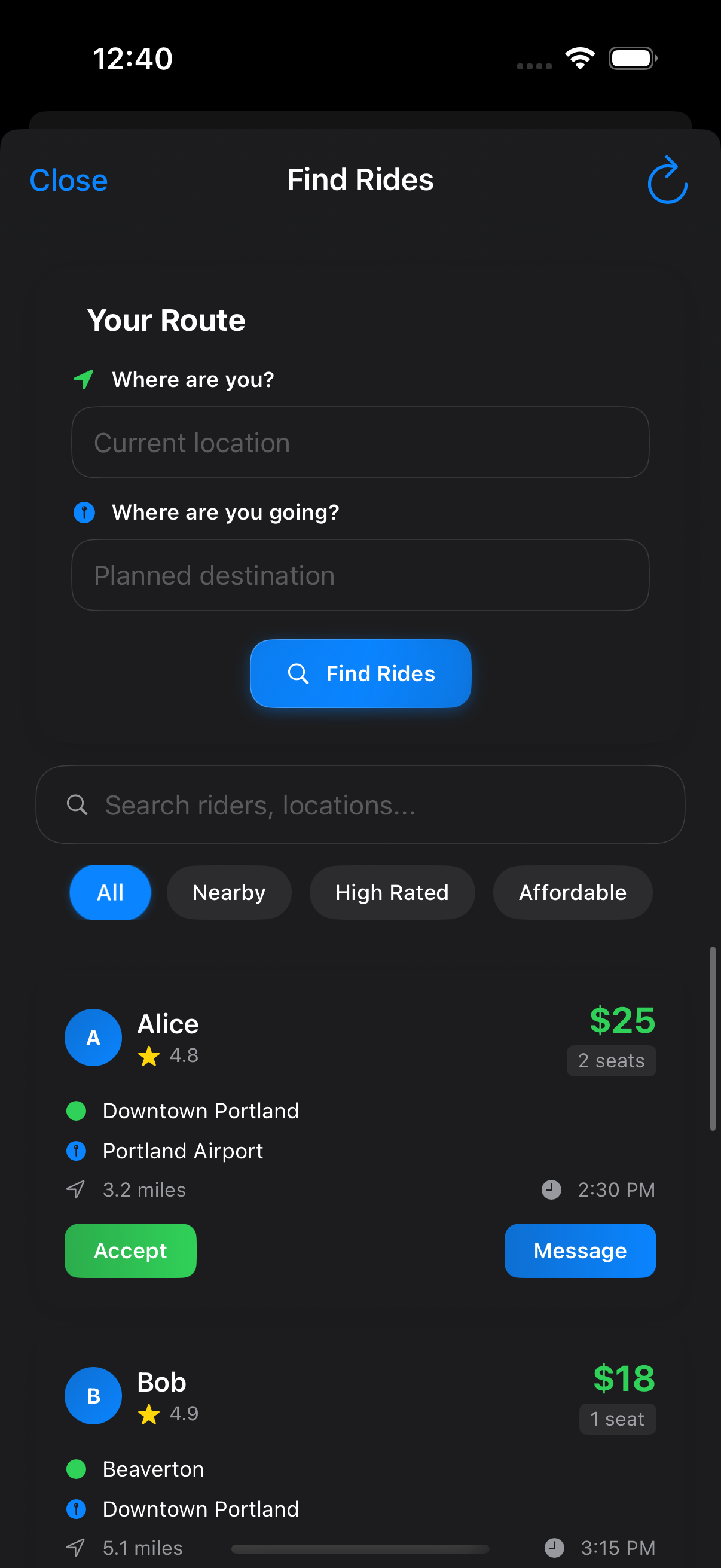 RideShare screenshot: FindRidesPage.png