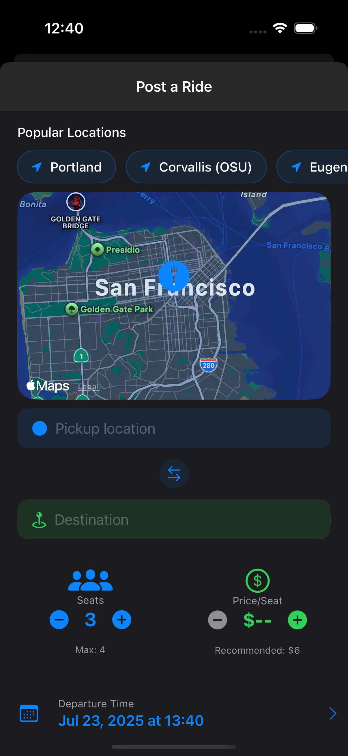 RideShare screenshot: PostRidePage.png