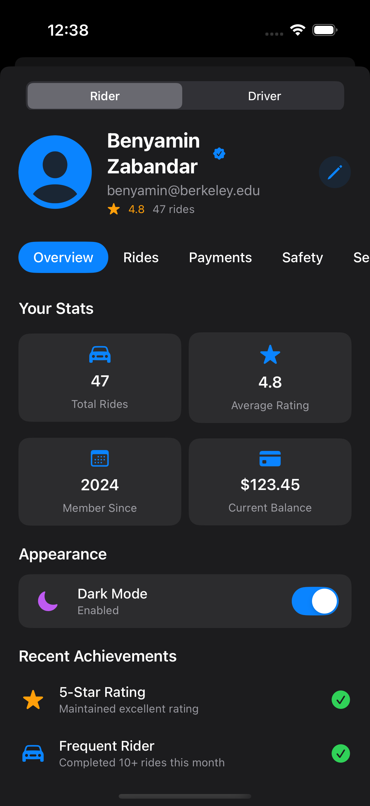RideShare screenshot: ProfilePage.png